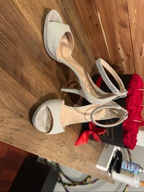 Elegant Women's Silver Ankle-Strap Glitter Heels (David’s Bridal)